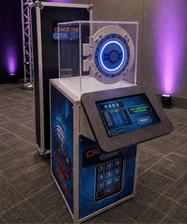 Digital Crack the Code game hire — acrylic vault with blue LED door and touchscreen code entry on a branded plinth